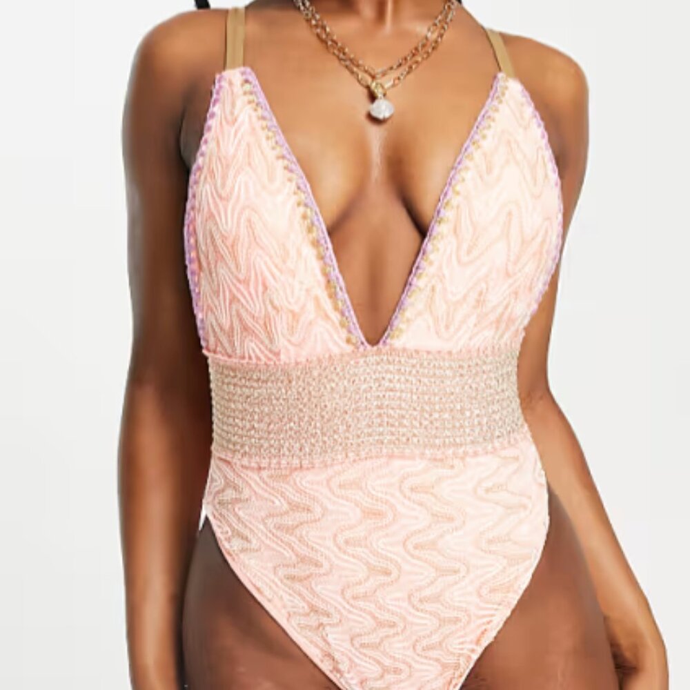 NWOT River Island Chevron Plunge Swimsuit in Coral  Women's Size 6